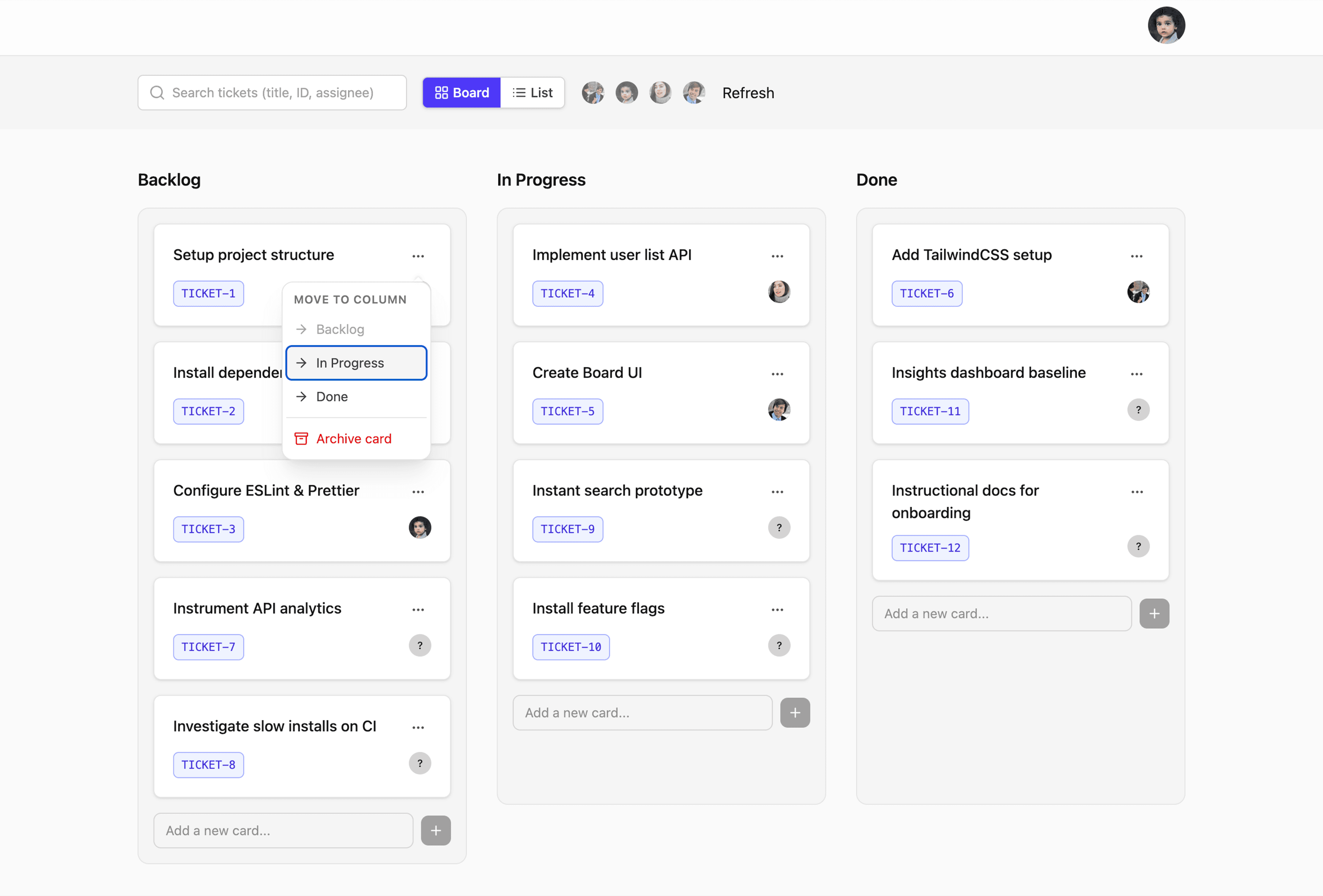 Board application capstone UI — lists and cards in a board layout